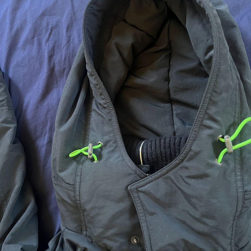 Vintage Abercrombie & Fitch Navy Hooded Winter Jacket – Neon Green Moose Logo – Size S
