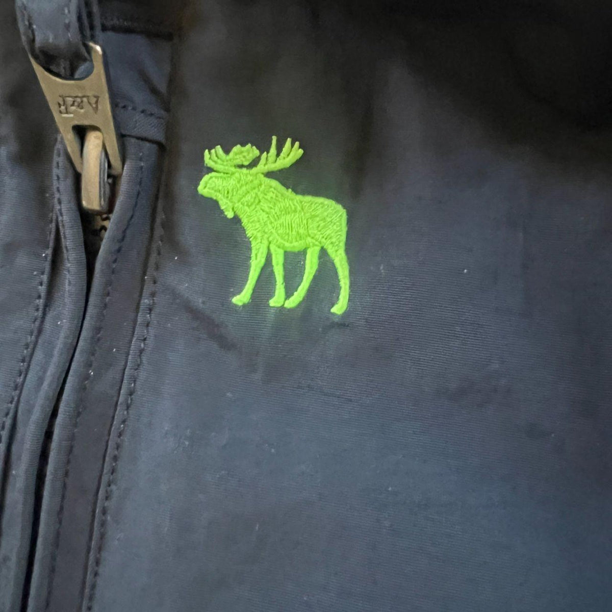 Vintage Abercrombie & Fitch Navy Hooded Winter Jacket – Neon Green Moose Logo – Size S