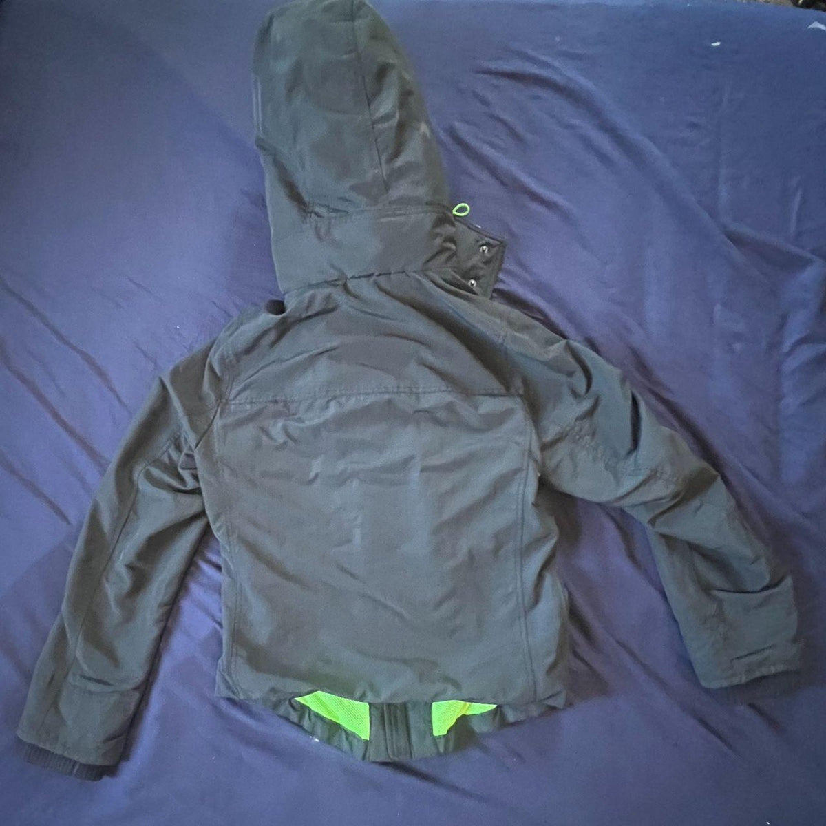 Vintage Abercrombie & Fitch Navy Hooded Winter Jacket – Neon Green Moose Logo – Size S